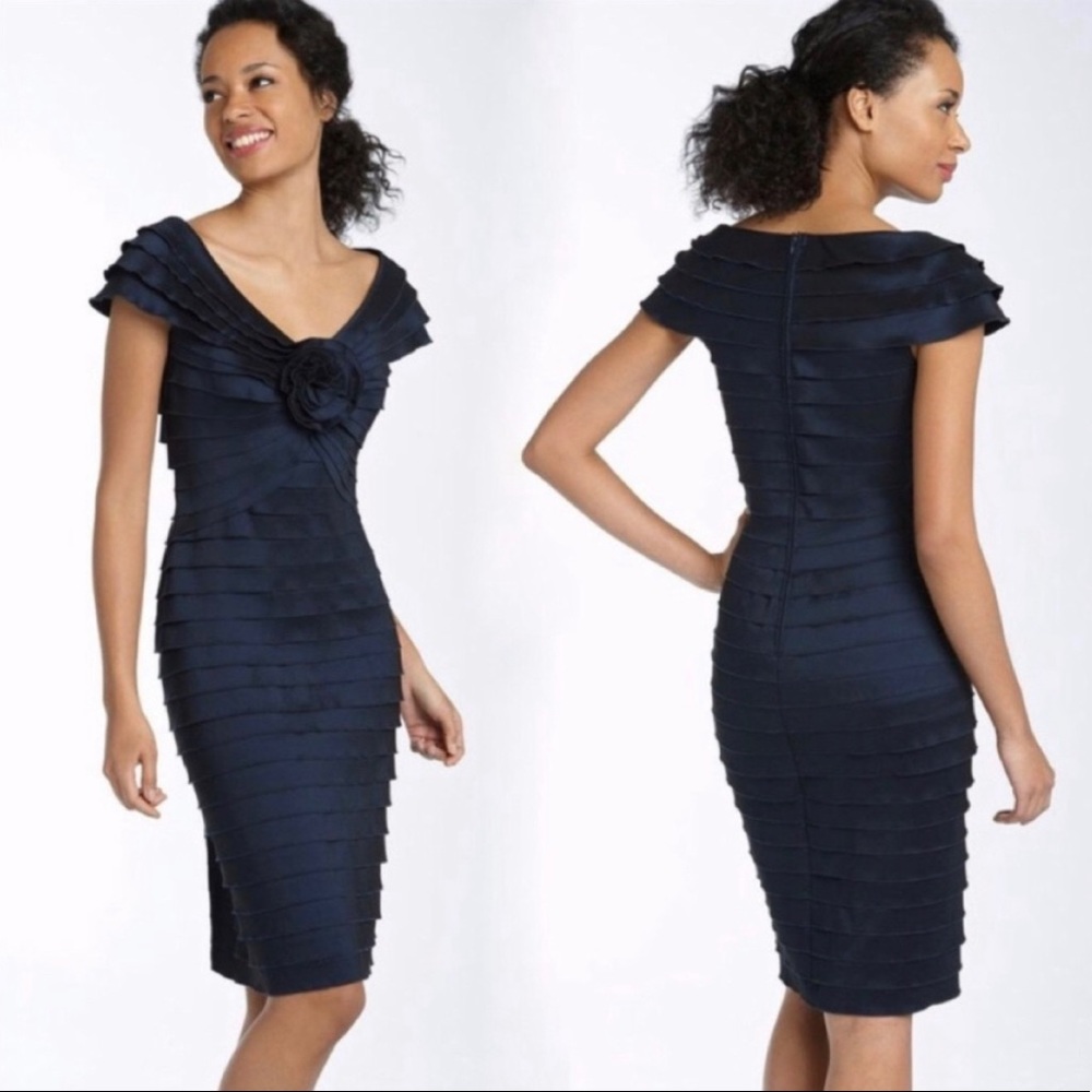 Tadashi Shoji Pleated Rosette Cap Sleeve Shutter Dress Navy Blue Sz 14